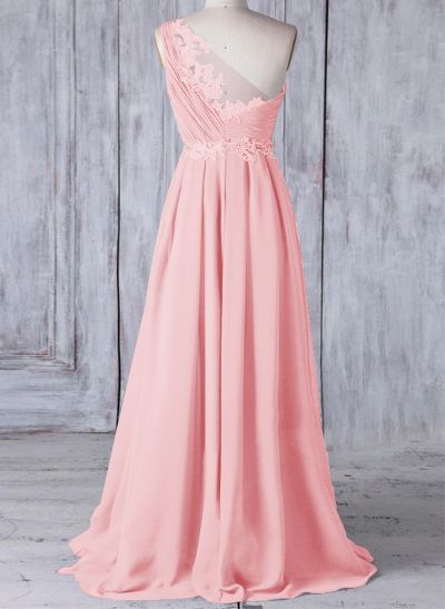 A-Line One-Shoulder Sleeveless Chiffon Bridesmaid Dresses With Lace