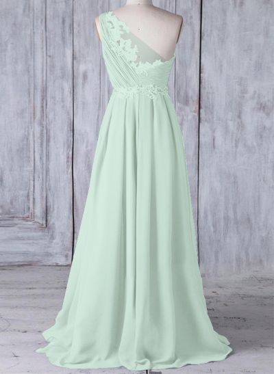 A-Line One-Shoulder Sleeveless Chiffon Bridesmaid Dresses With Lace