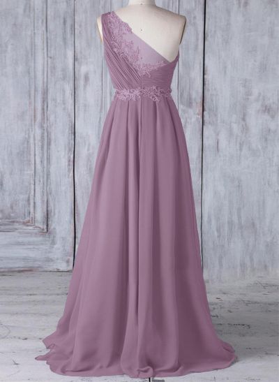 A-Line One-Shoulder Sleeveless Chiffon Bridesmaid Dresses With Lace