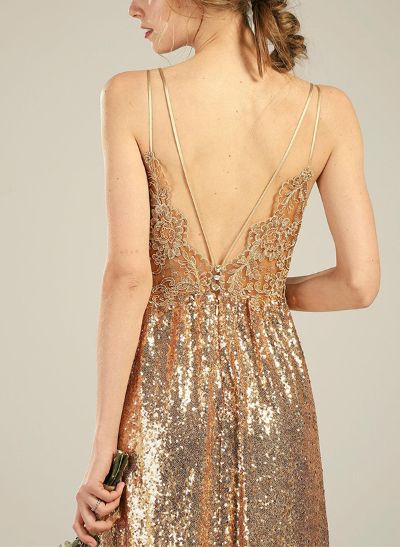 A-Line V-Neck Sleeveless Sequined Bridesmaid Dresses With Sequins