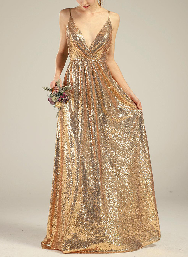 A-Line V-Neck Sleeveless Sequined Bridesmaid Dresses With Sequins