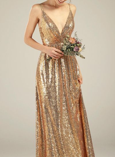 A-Line V-Neck Sleeveless Sequined Bridesmaid Dresses With Sequins