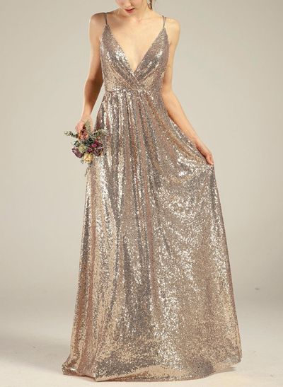 A-Line V-Neck Sleeveless Sequined Bridesmaid Dresses With Sequins