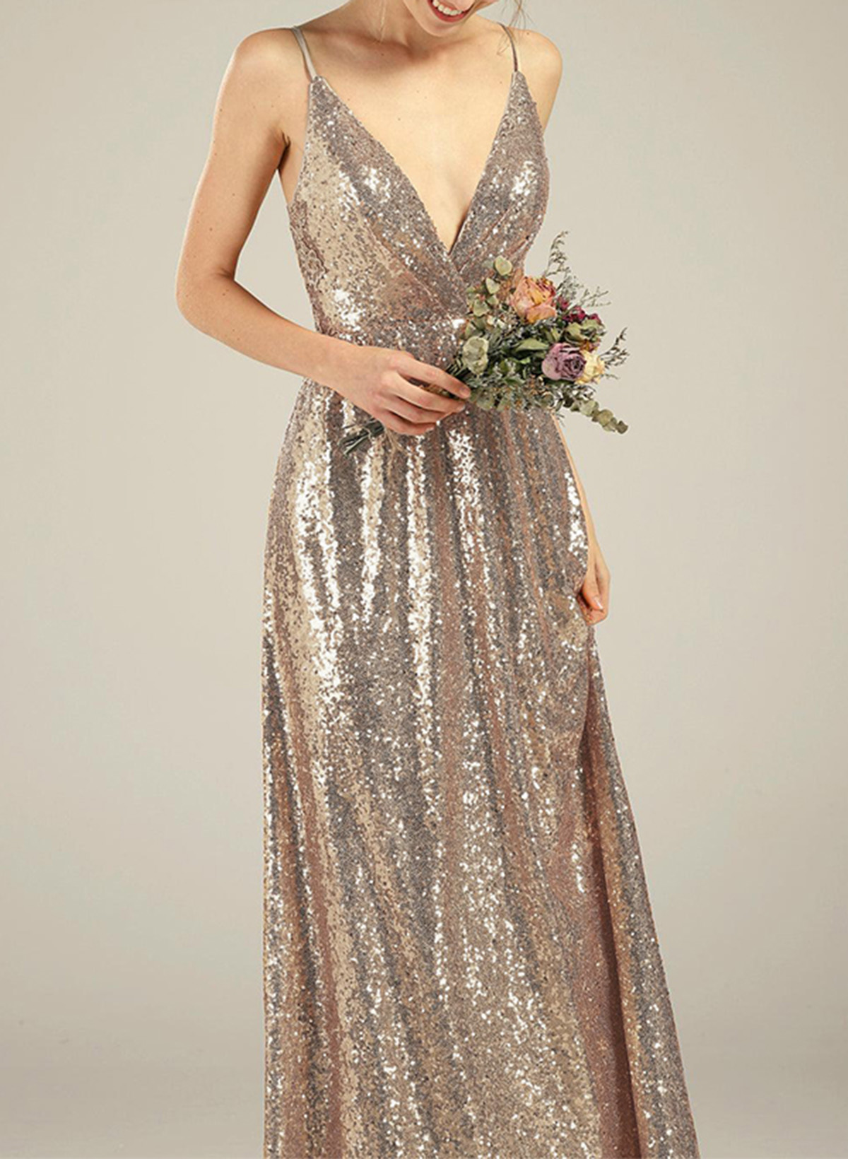 A-Line V-Neck Sleeveless Sequined Bridesmaid Dresses With Sequins