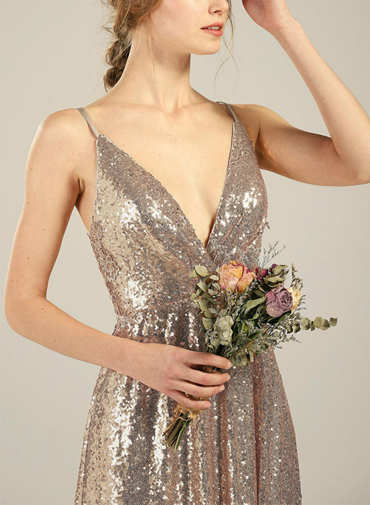 A-Line V-Neck Sleeveless Sequined Bridesmaid Dresses With Sequins