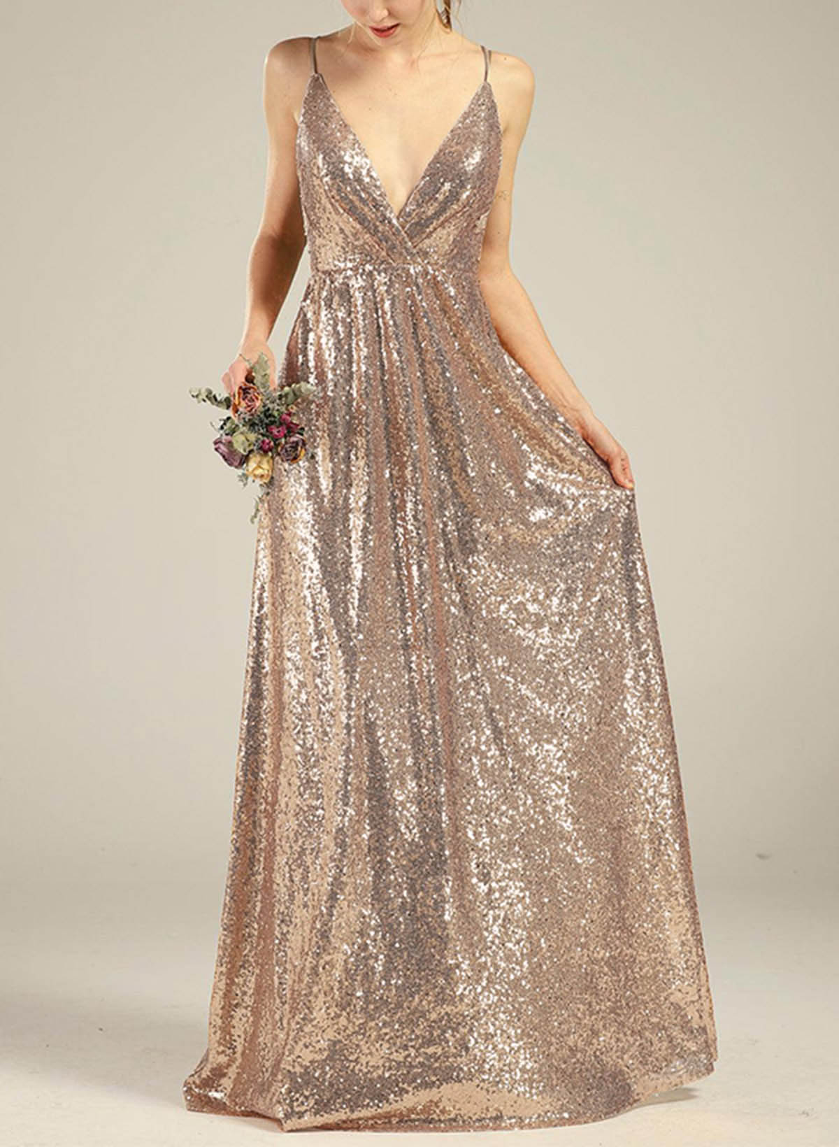 A-Line V-Neck Sleeveless Sequined Bridesmaid Dresses With Sequins