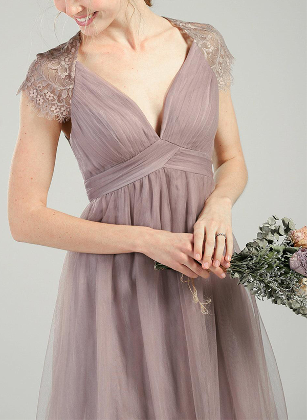 A-Line V-Neck Short Sleeves Floor-Length Tulle Bridesmaid Dresses With Lace