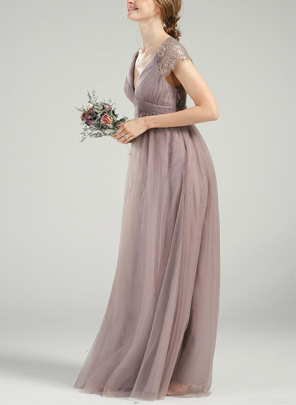 A-Line V-Neck Short Sleeves Floor-Length Tulle Bridesmaid Dresses With Lace