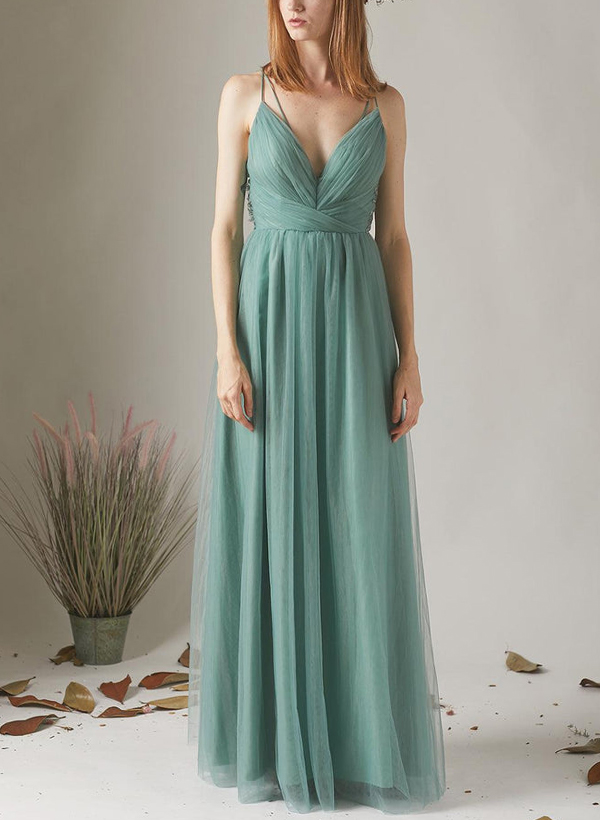 A-Line V-Neck Sleeveless Tulle Bridesmaid Dresses With Appliques Lace