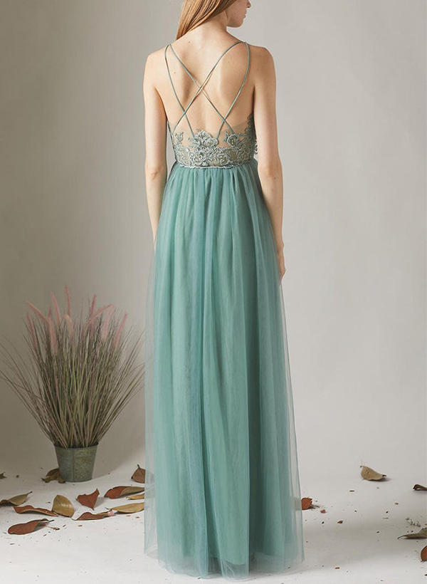 A-Line V-Neck Sleeveless Tulle Bridesmaid Dresses With Appliques Lace