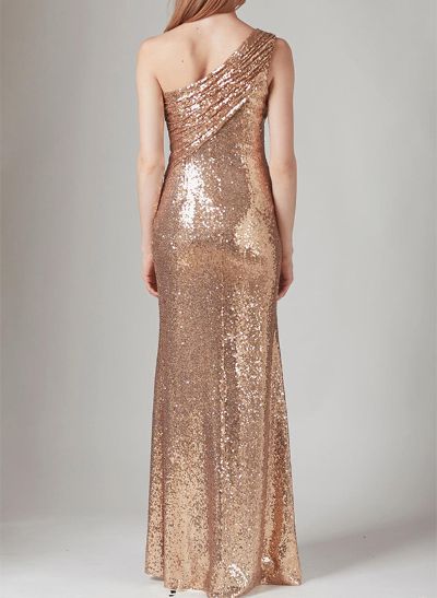 Sheath/Column One-Shoulder Sequined Bridesmaid Dresses With Split Front