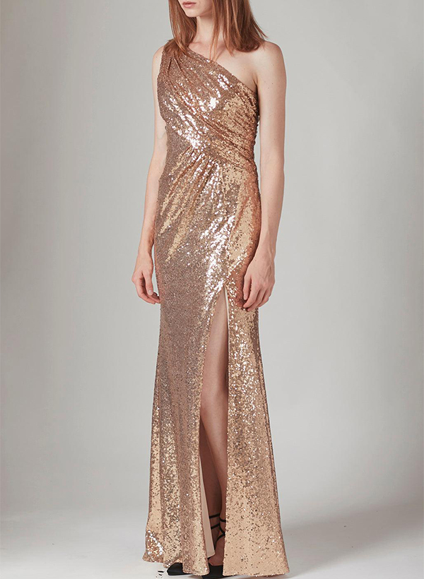 Sheath/Column One-Shoulder Sequined Bridesmaid Dresses With Split Front