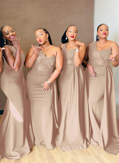 Sheath/Column One-Shoulder Elastic Satin Bridesmaid Dresses With Sequins
