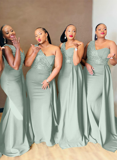 Sheath/Column One-Shoulder Elastic Satin Bridesmaid Dresses With Sequins