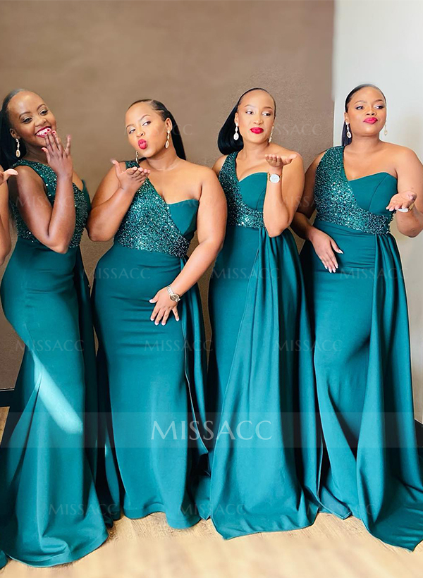 Sheath/Column One-Shoulder Elastic Satin Bridesmaid Dresses With Sequins