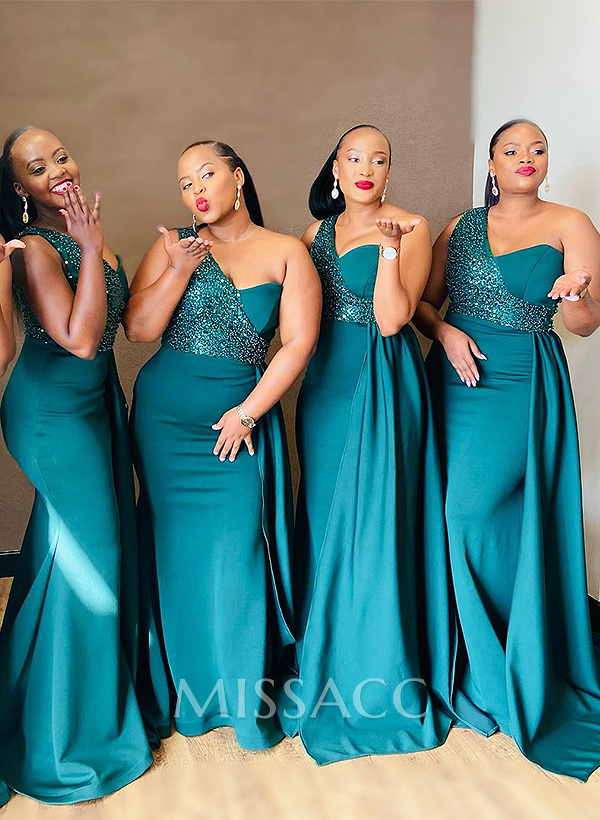 Sheath/Column One-Shoulder Elastic Satin Bridesmaid Dresses With Sequins