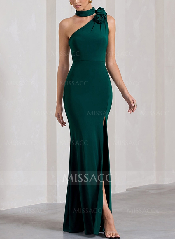 Sheath/Column Halter Sleeveless Jersey Bridesmaid Dresses With Flower(s)