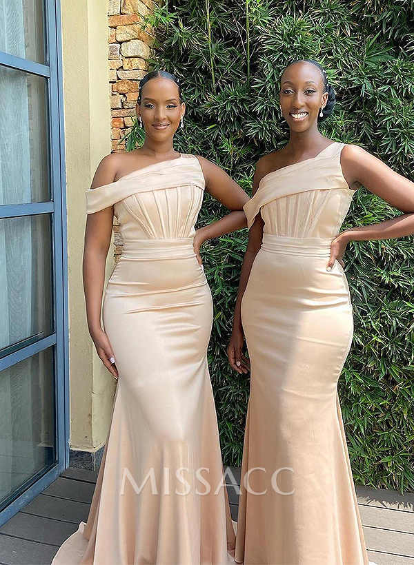 Asymmetrical Sleeveless Sweep Train Satin Bridesmaid Dresses