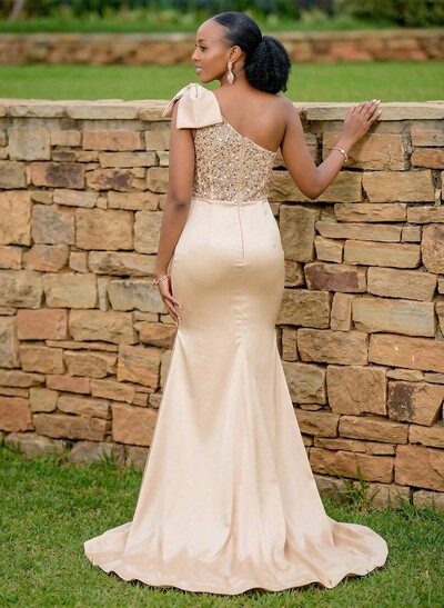 One-Shoulder Sleeveless Sweep Train Bridesmaid Dresses With Bow(s)