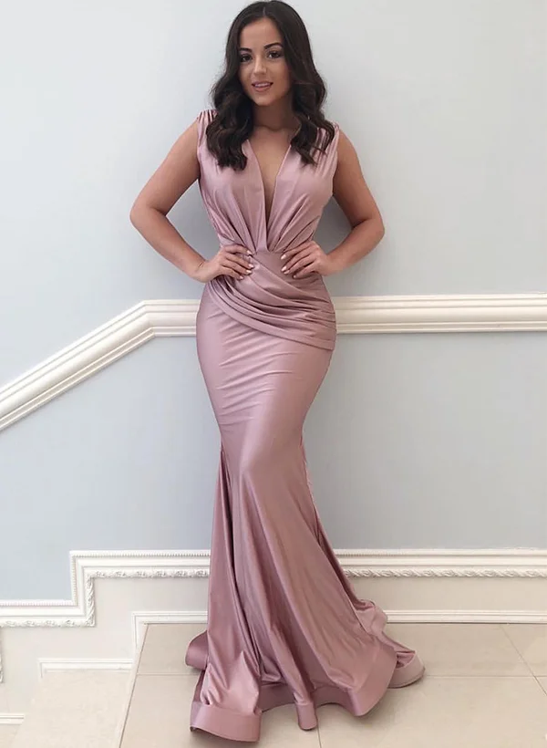 chinese dress ladies Sequined Prom Dress Mermaid V-Neck Sweep Train With Pleated