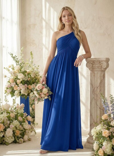 A-Line One-Shoulder Sleeveless Floor-Length Chiffon Bridesmaid Dresses