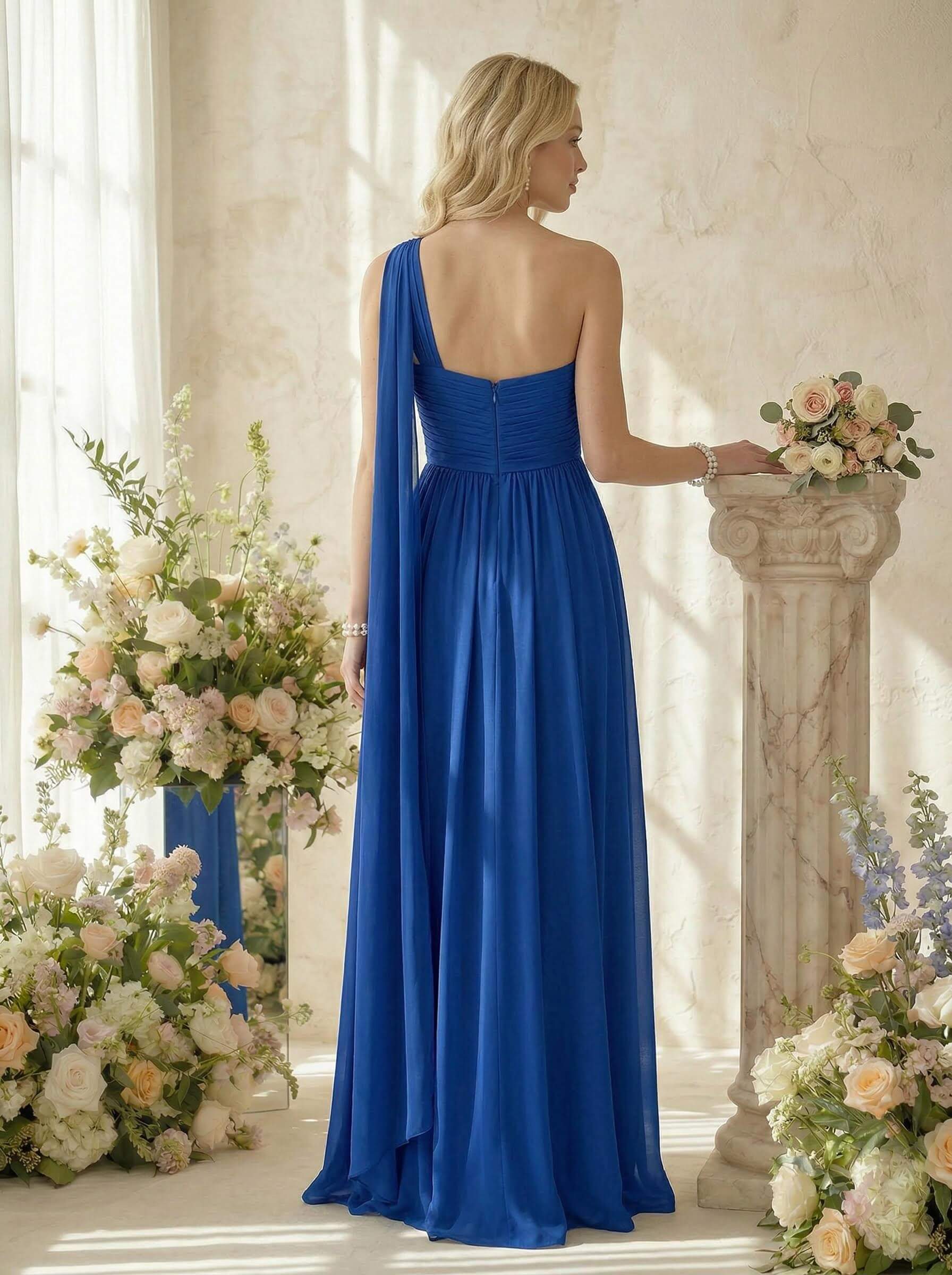 A-Line One-Shoulder Sleeveless Floor-Length Chiffon Bridesmaid Dresses