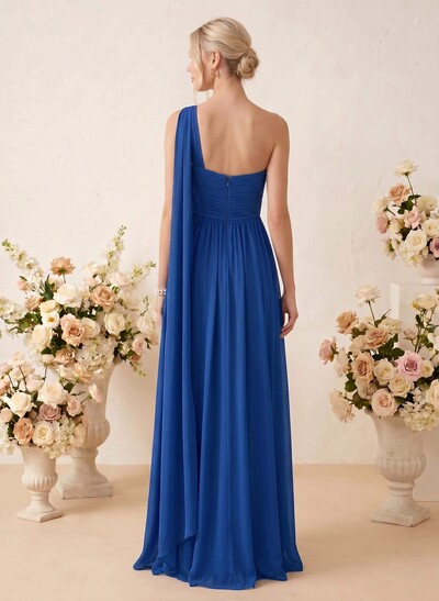 A-Line One-Shoulder Sleeveless Floor-Length Chiffon Bridesmaid Dresses
