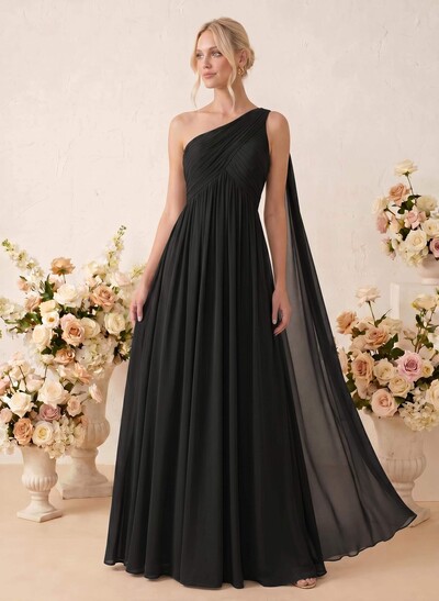 A-Line One-Shoulder Sleeveless Floor-Length Chiffon Bridesmaid Dresses
