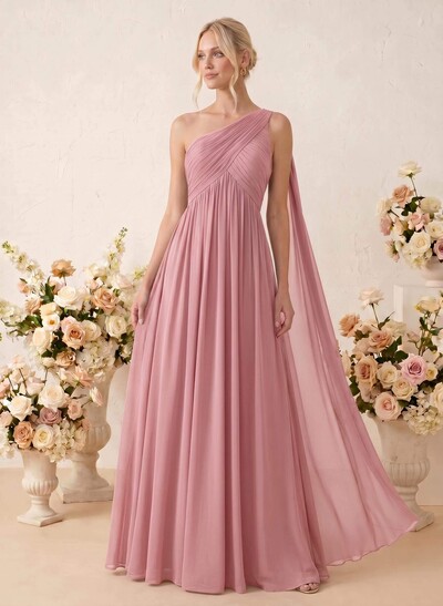 A-Line One-Shoulder Sleeveless Floor-Length Chiffon Bridesmaid Dresses