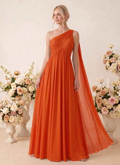 A-Line One-Shoulder Sleeveless Floor-Length Chiffon Bridesmaid Dresses