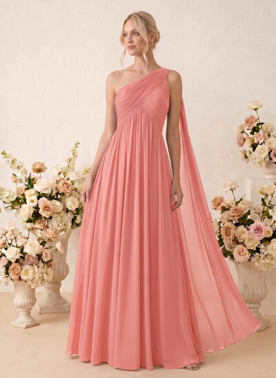 A-Line One-Shoulder Sleeveless Floor-Length Chiffon Bridesmaid Dresses