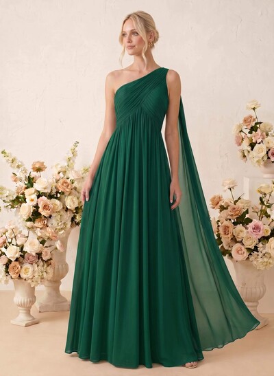 A-Line One-Shoulder Sleeveless Floor-Length Chiffon Bridesmaid Dresses