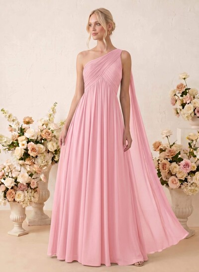 A-Line One-Shoulder Sleeveless Floor-Length Chiffon Bridesmaid Dresses