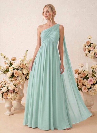 A-Line One-Shoulder Sleeveless Floor-Length Chiffon Bridesmaid Dresses