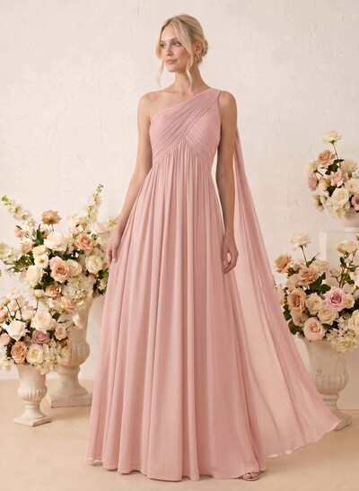 A-Line One-Shoulder Sleeveless Floor-Length Chiffon Bridesmaid Dresses