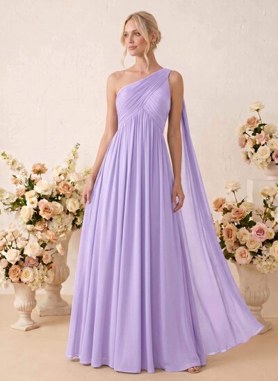 A-Line One-Shoulder Sleeveless Floor-Length Chiffon Bridesmaid Dresses