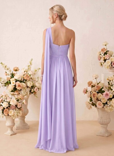 A-Line One-Shoulder Sleeveless Floor-Length Chiffon Bridesmaid Dresses