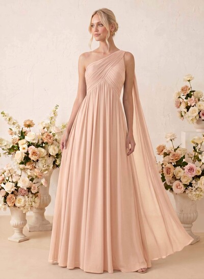 A-Line One-Shoulder Sleeveless Floor-Length Chiffon Bridesmaid Dresses
