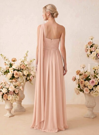 A-Line One-Shoulder Sleeveless Floor-Length Chiffon Bridesmaid Dresses