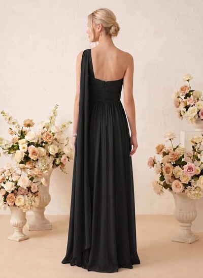 A-Line One-Shoulder Sleeveless Floor-Length Chiffon Bridesmaid Dresses