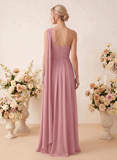 A-Line One-Shoulder Sleeveless Floor-Length Chiffon Bridesmaid Dresses