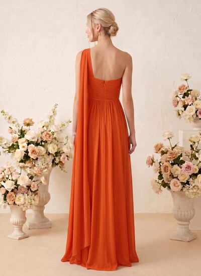 A-Line One-Shoulder Sleeveless Floor-Length Chiffon Bridesmaid Dresses