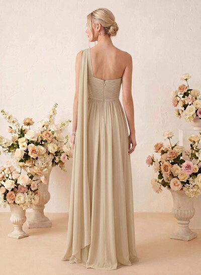 A-Line One-Shoulder Sleeveless Maxi Chiffon Bridesmaid Dresses