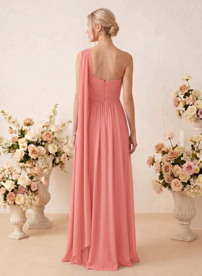 A-Line One-Shoulder Sleeveless Floor-Length Chiffon Bridesmaid Dresses