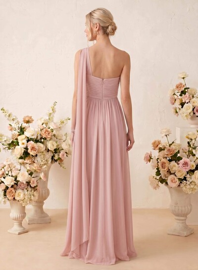 A-Line One-Shoulder Sleeveless Floor-Length Chiffon Bridesmaid Dresses
