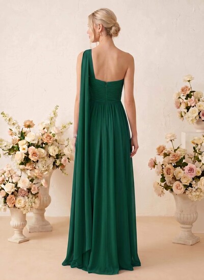 A-Line One-Shoulder Sleeveless Floor-Length Chiffon Bridesmaid Dresses