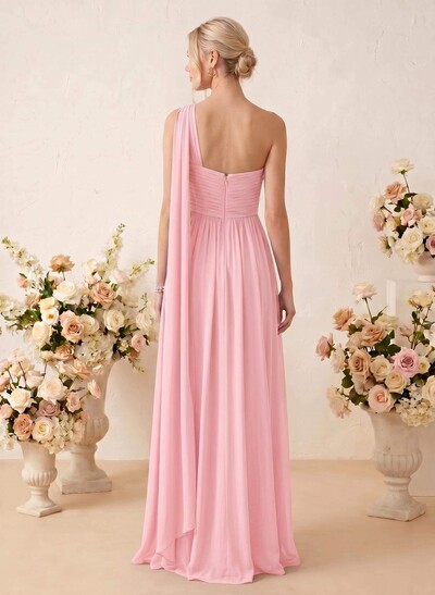 A-Line One-Shoulder Sleeveless Floor-Length Chiffon Bridesmaid Dresses