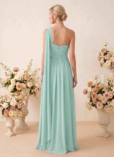 A-Line One-Shoulder Sleeveless Floor-Length Chiffon Bridesmaid Dresses