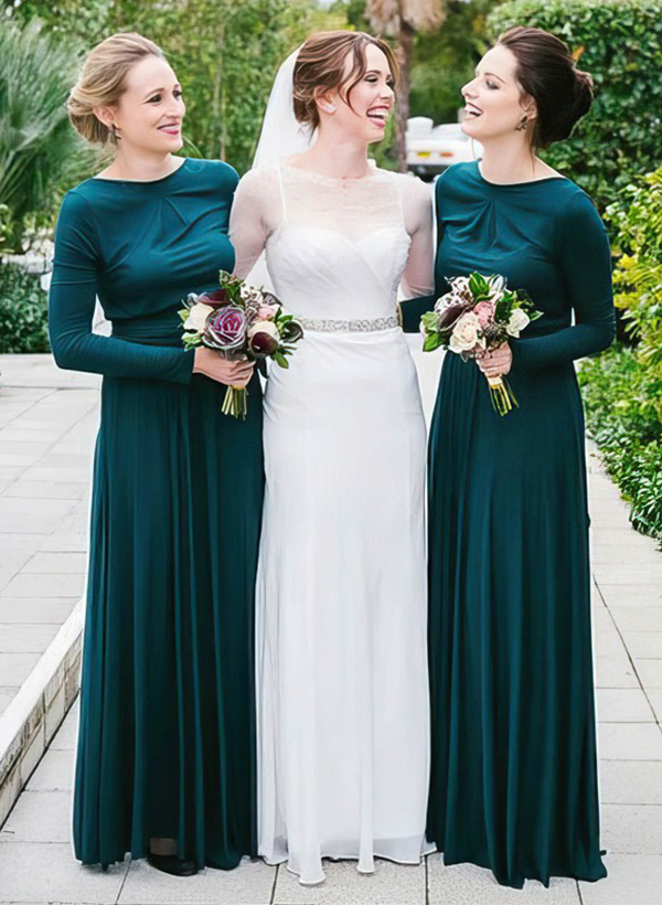 A-Line Scoop Neck Long Sleeves Floor-Length Jersey Bridesmaid Dresses