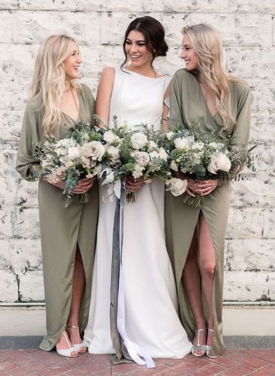 V-Neck Long Sleeves Floor-Length Jersey Bridesmaid Dresses